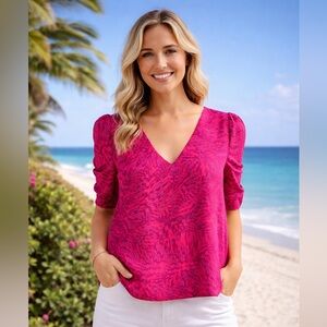 Adrienne Hot Pink Animal Print Puff Sleeve Blouse V-Neck Size Summer Top